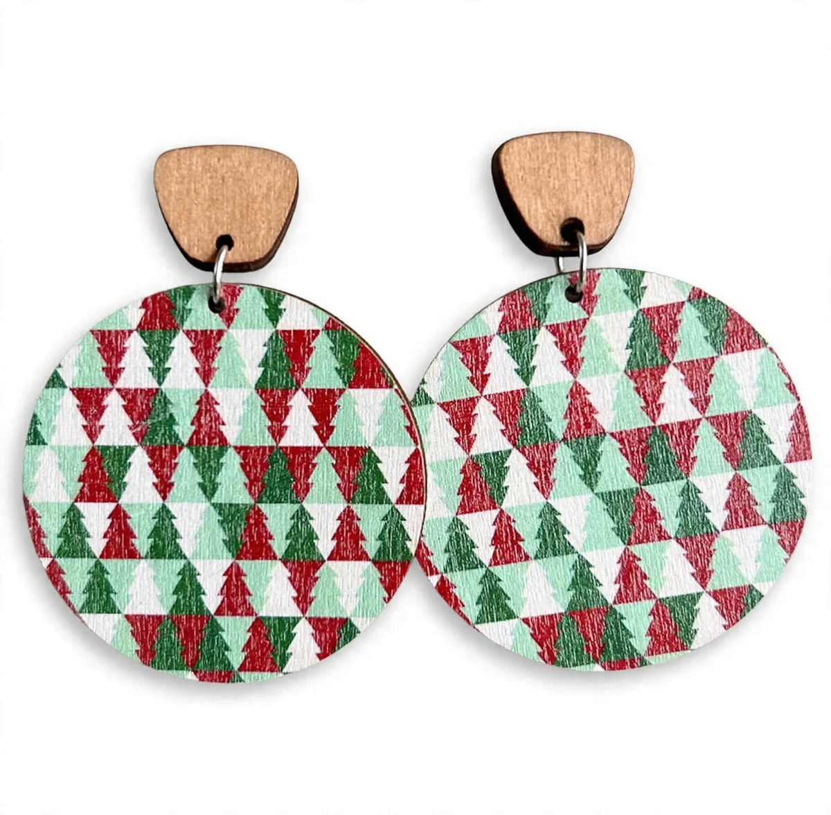 Christmas wooden dangle earrings with natural wood tops and red and green Christmas tree patterned round drops