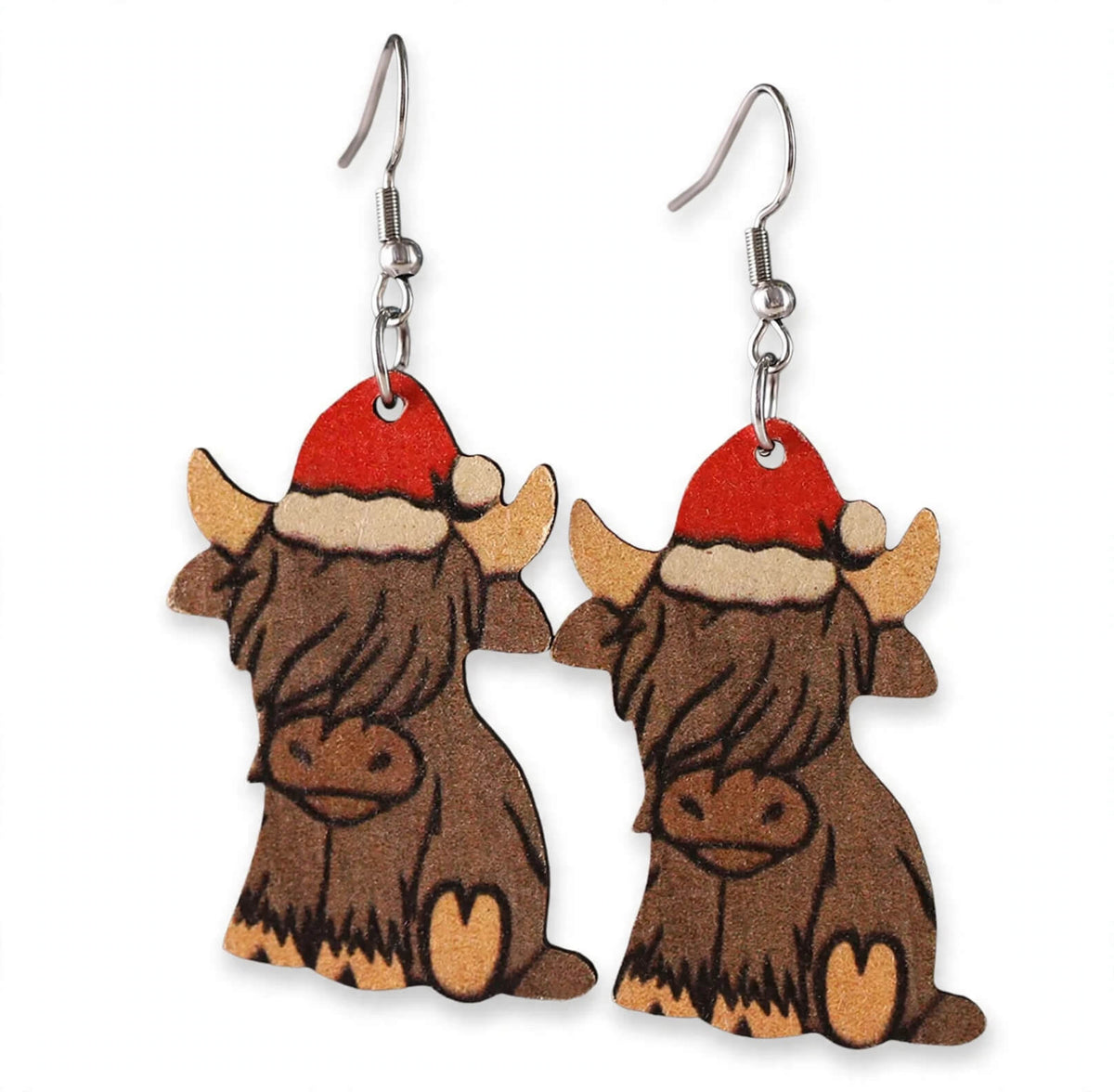 Wooden Highland cow dangle earrings with red Santa hats and metal ear hooks