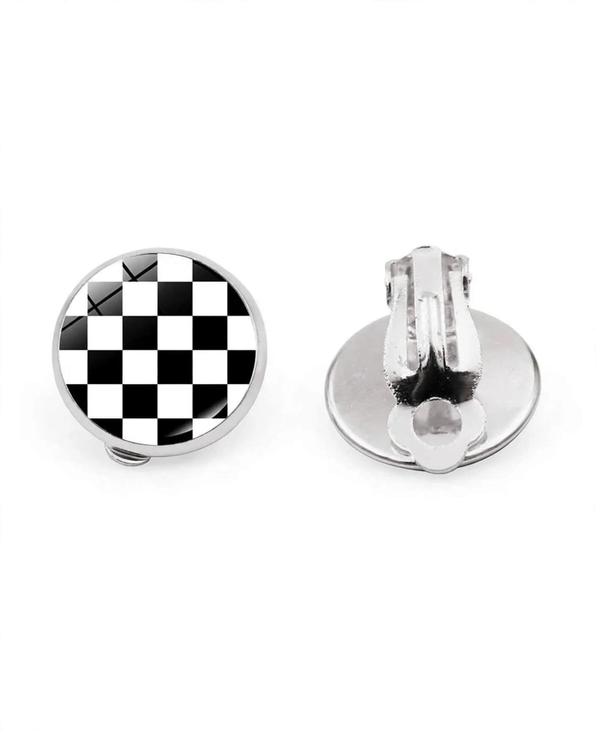 Round black and white checkerboard clip-on earrings showing front design and silver-colored closure