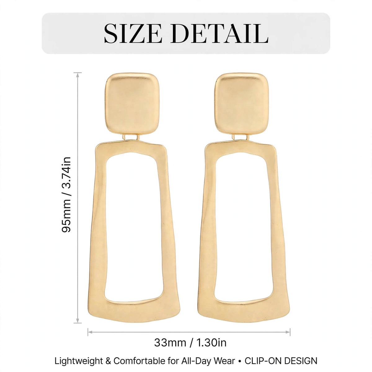 Size chart showing geometric clip-on earrings measuring 95 mm long