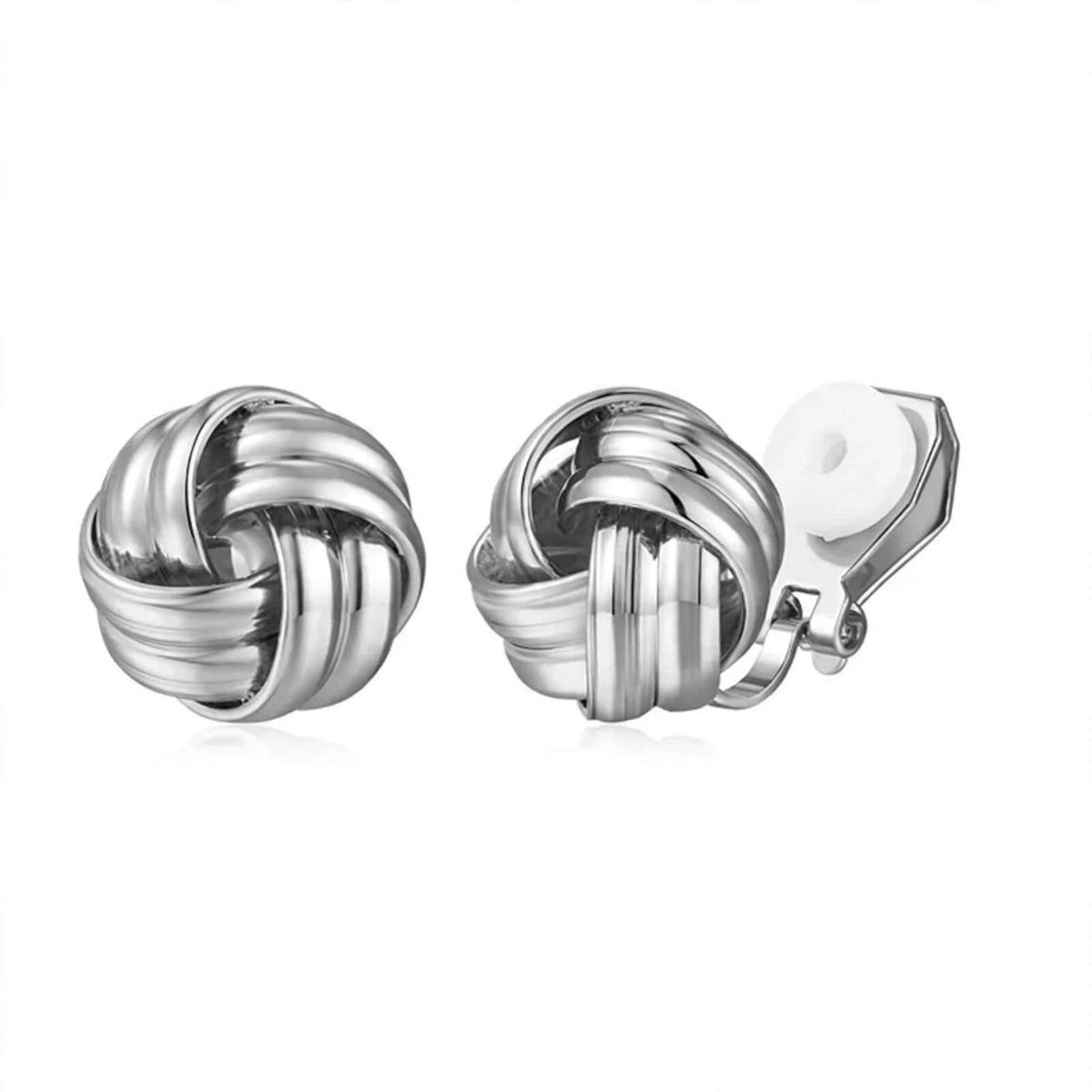 Silver-tone interwoven knot earrings with ridged detailing and clip-on closures