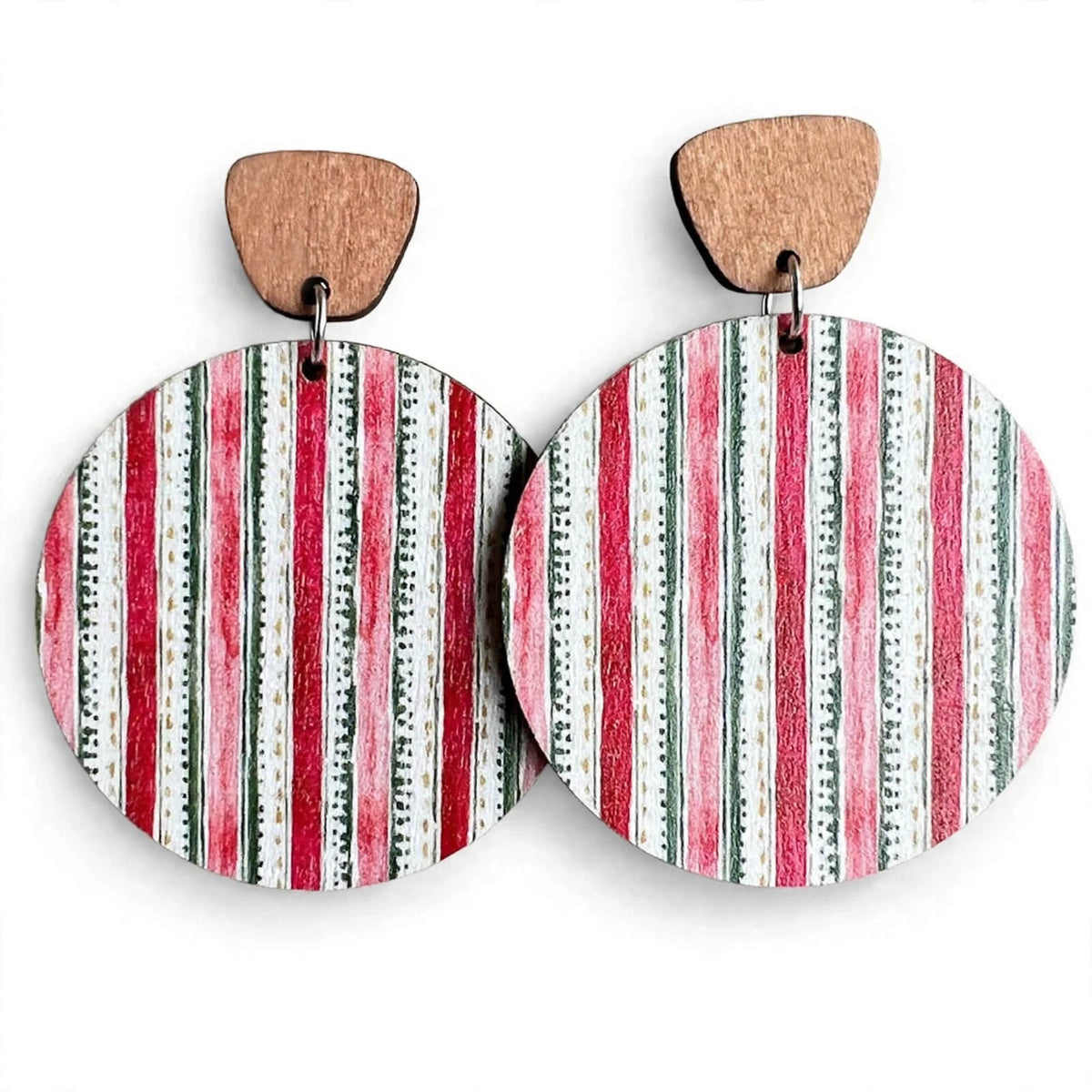 Christmas wooden dangle earrings with natural wood tops and red, white, and green striped round drops