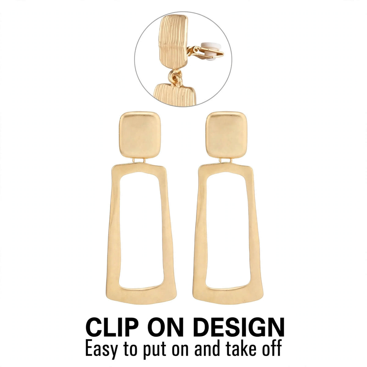 Gold-tone alloy geometric clip-on earrings with elongated open-frame drops