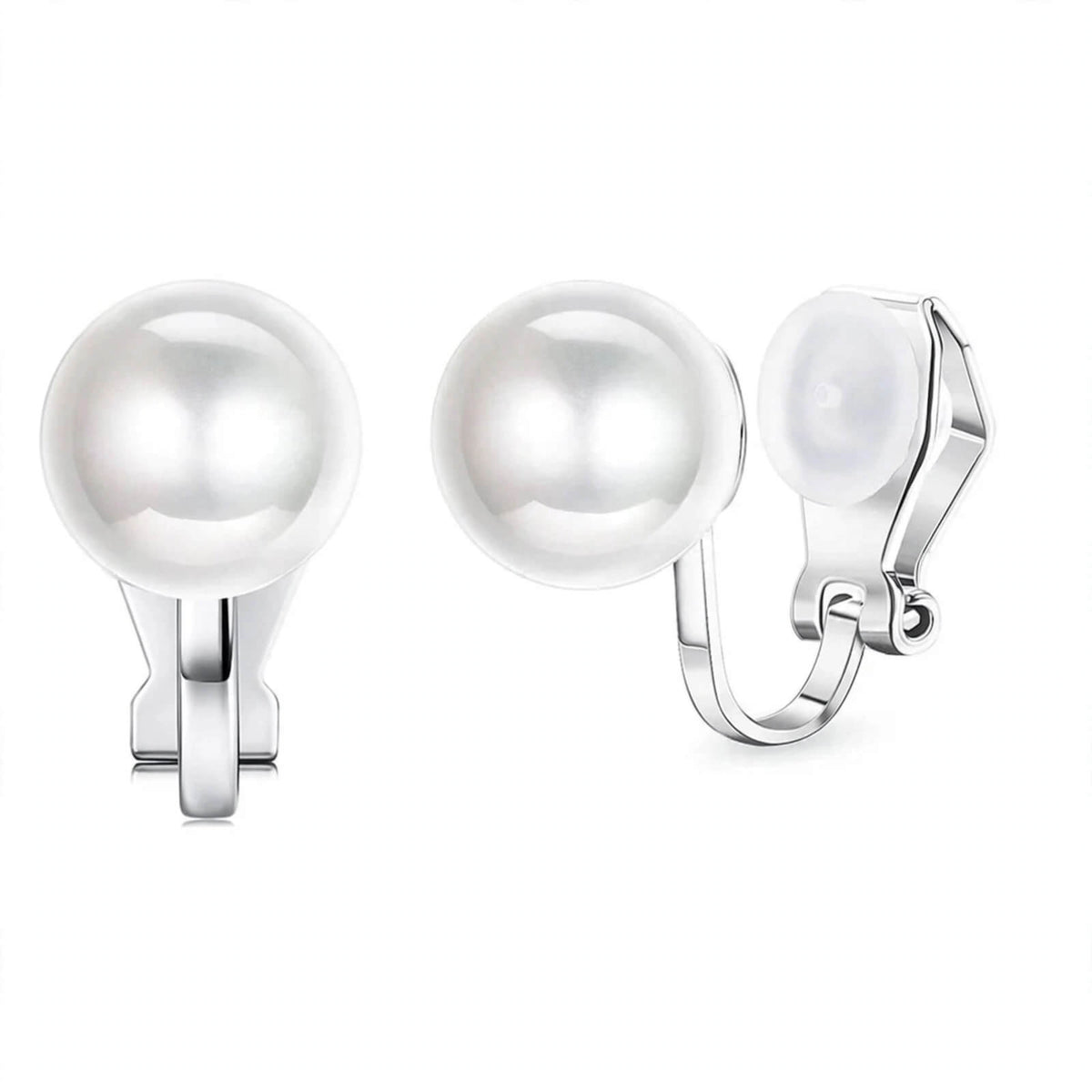 Round white faux pearl clip-on earrings with silver-colored alloy closures