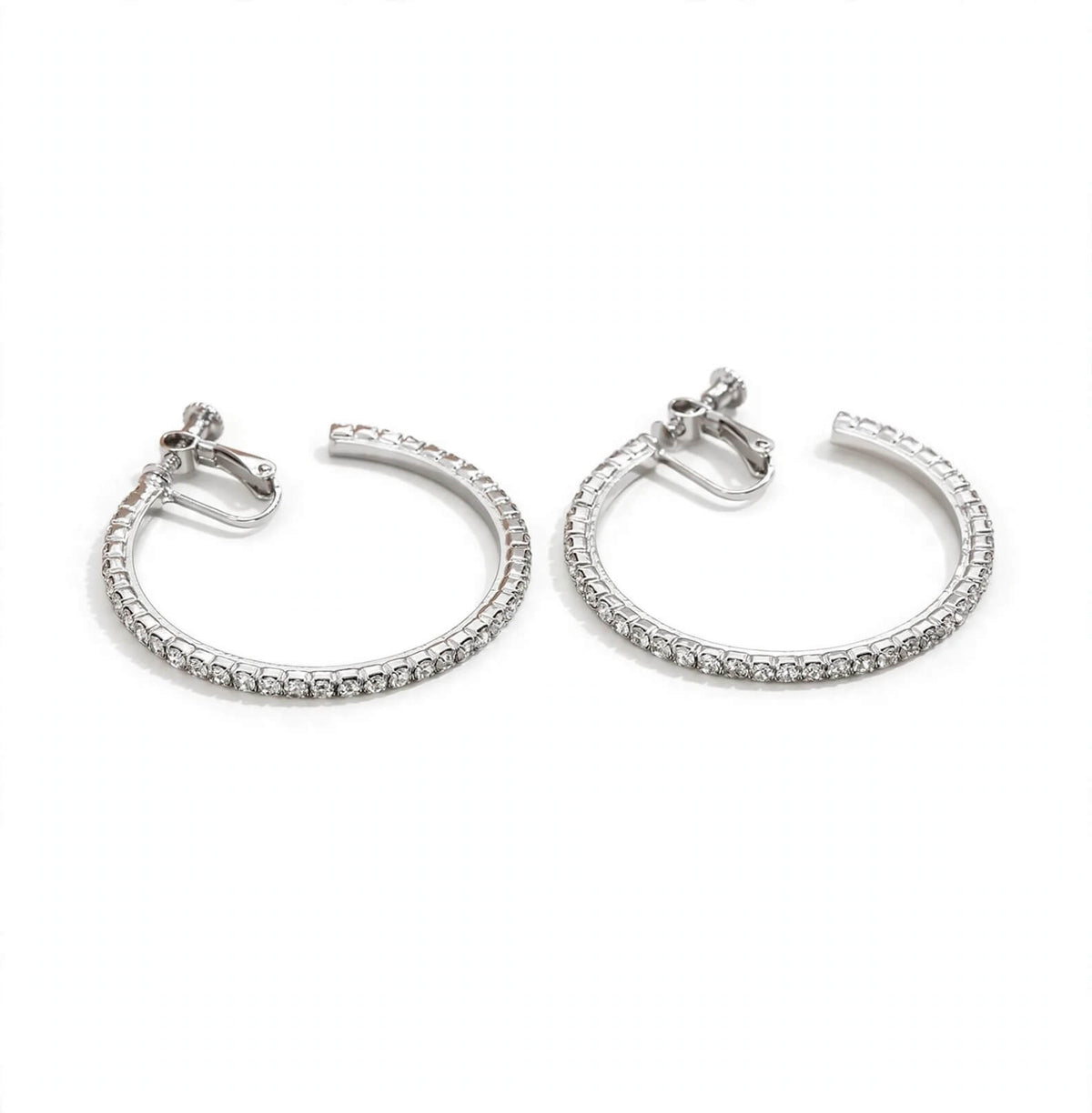 Silver-colored rhinestone hoop earrings with adjustable screw-back clip-on closures