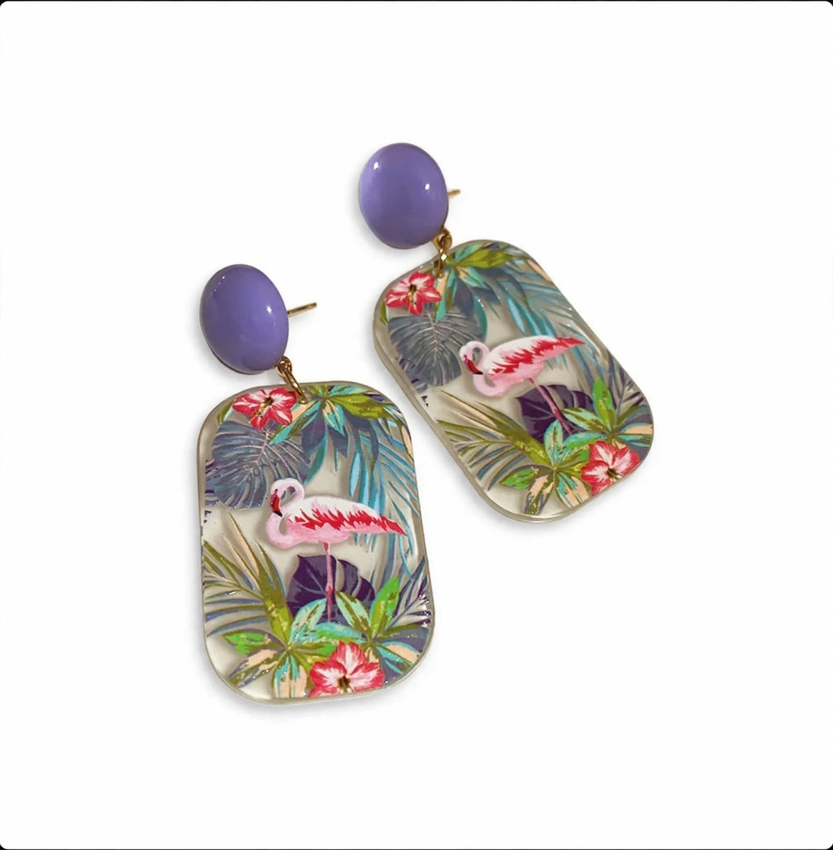 Vintage-inspired acrylic earrings with purple oval tops and rounded rectangular drops featuring pink flamingos tropical foliage and flowers