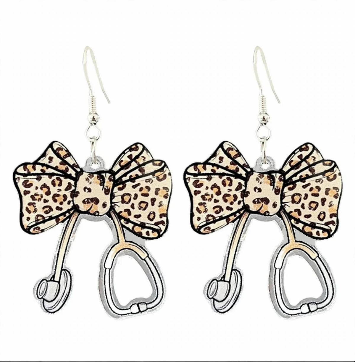 Leopard Print Bow acrylic stethoscope earrings with beige brown and black bows and alloy hooks
