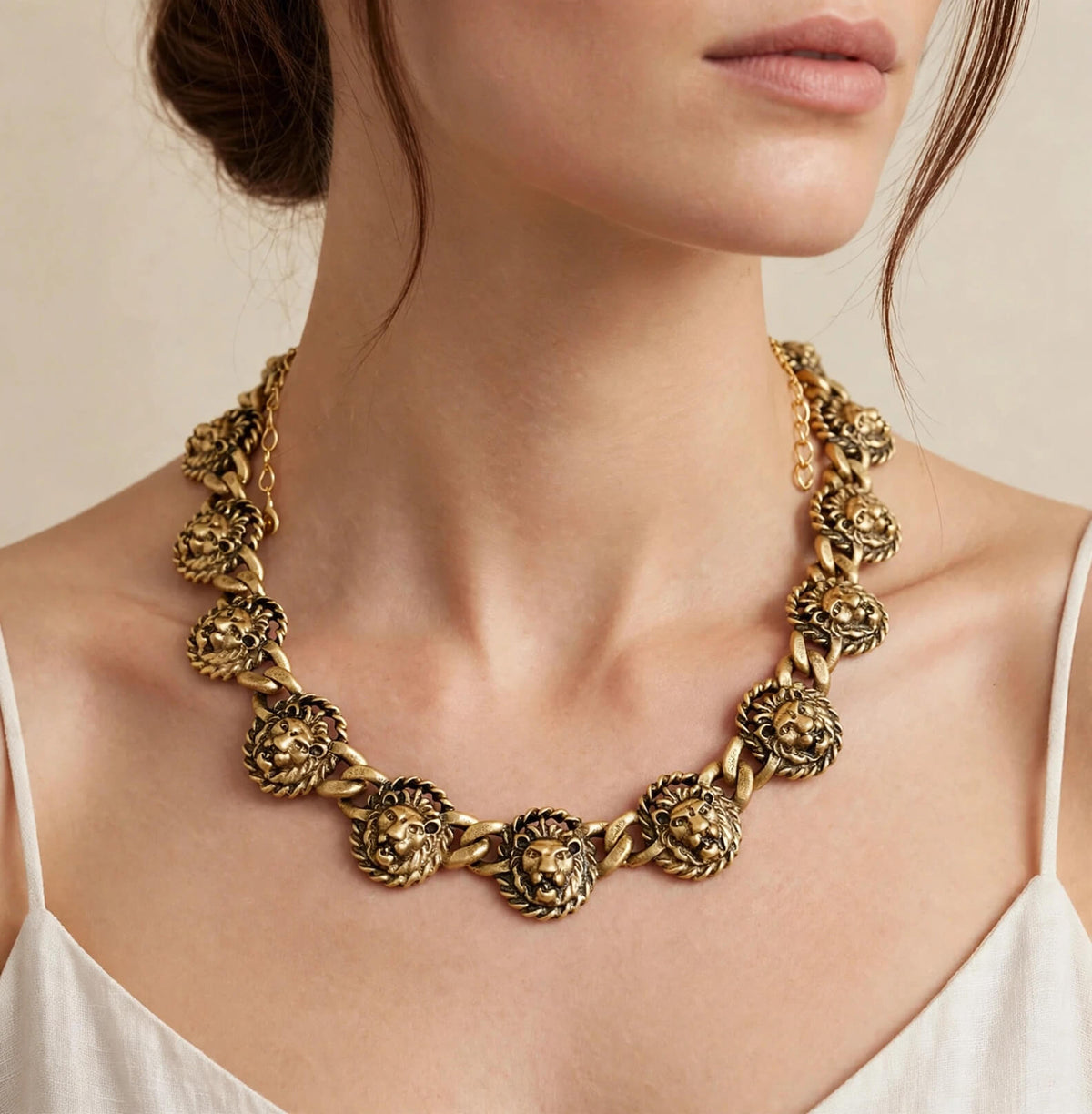 Antique Gold Lion Head Chain Necklace