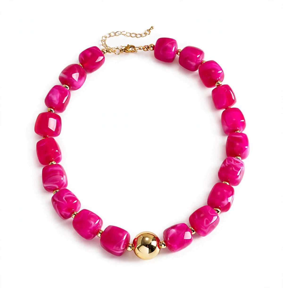 Pink marbled chunky bead necklace with gold-tone focal accent