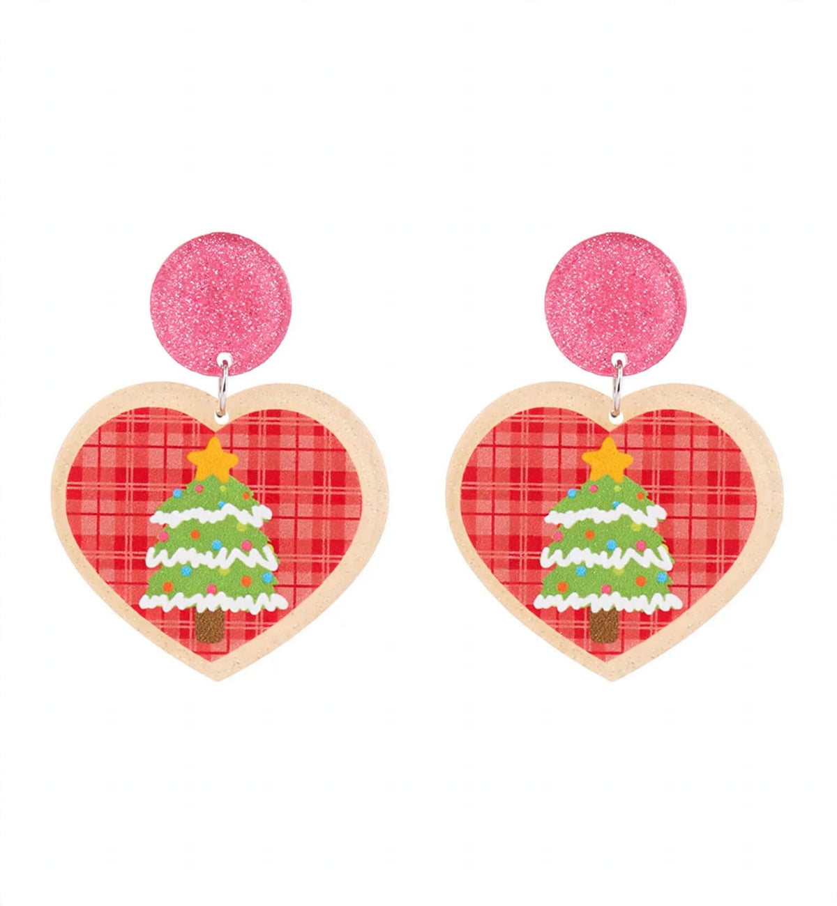 Red plaid heart acrylic Christmas tree earrings with pink round tops