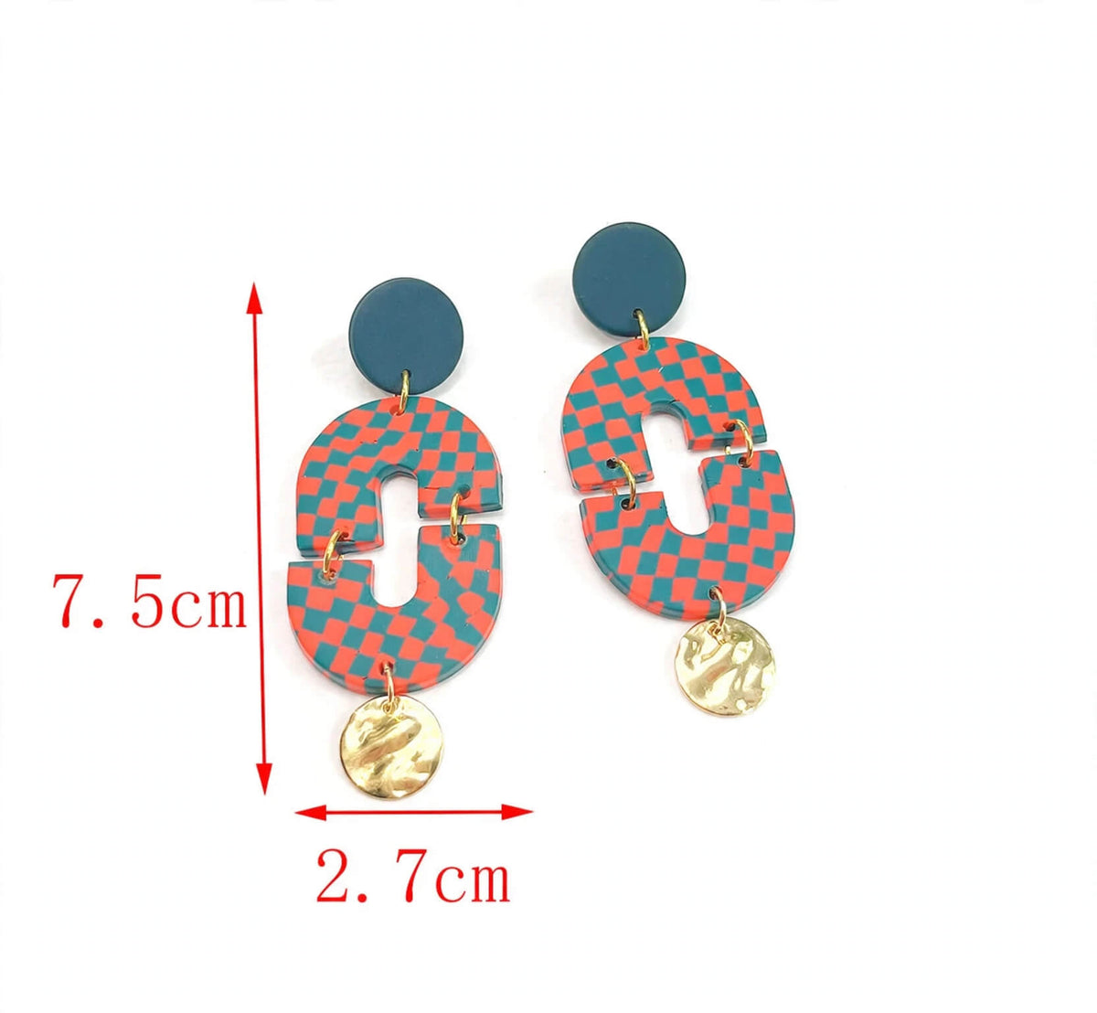 Red-and-green checkerboard clay earrings with round green tops, linked geometric dangles, and gold-tone discs