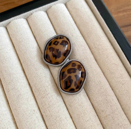 The Safari Pebble Studs - Leopard Print Irregular Oval Earrings