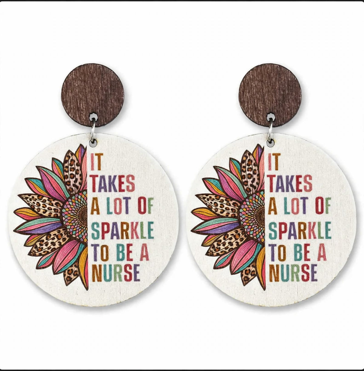 Sunflower Leopard Nurse Lettering acrylic drop earrings with multicolored sunflower and nurse slogan