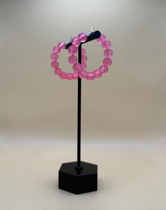 Pink Frosted Bead Closed Hoop Earrings