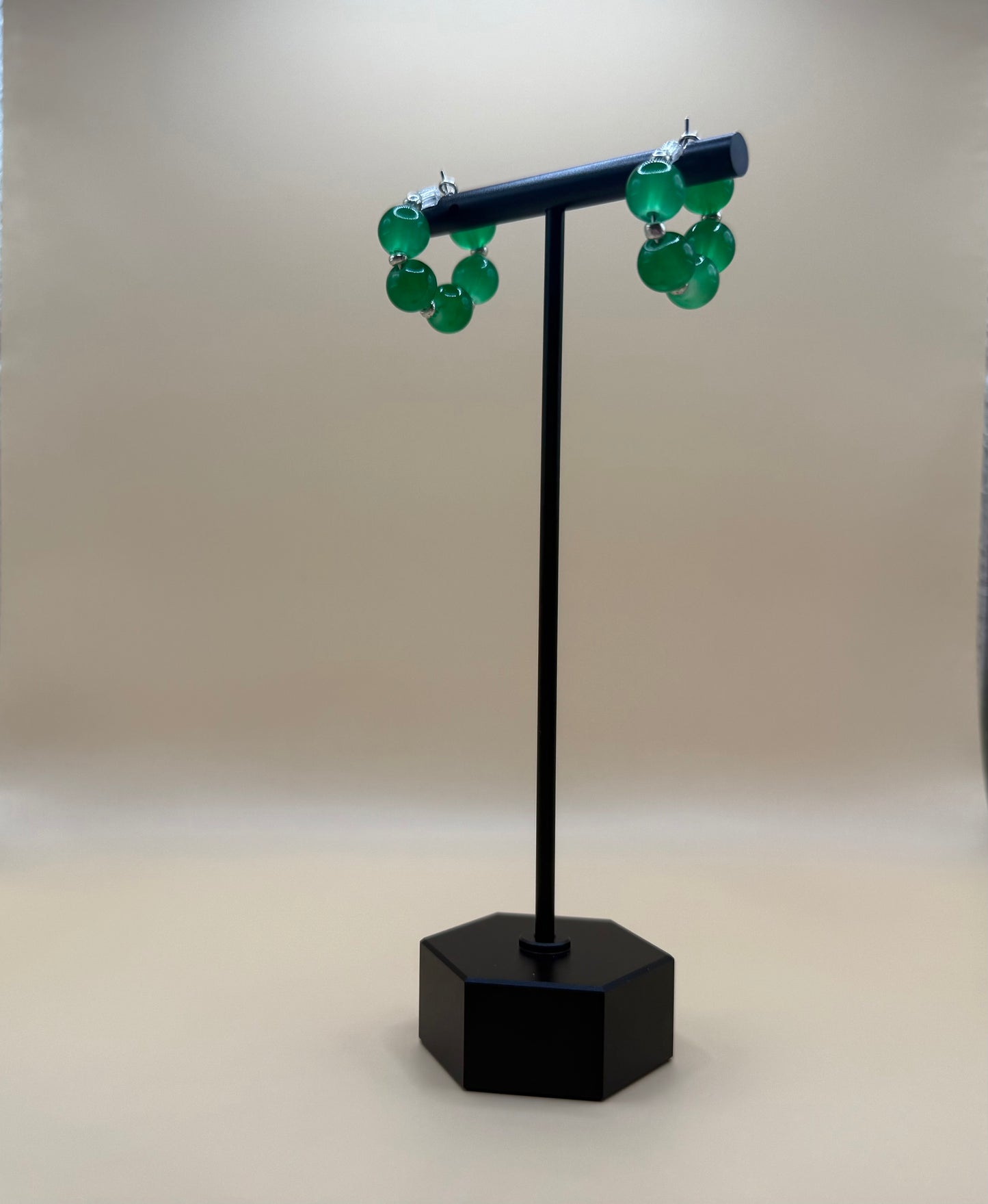 Green Glass Bead Hoop Earrings with Silver Spacers
