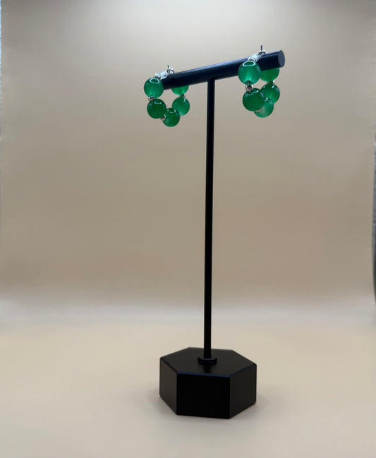 Green Glass Bead Hoop Earrings with Silver Spacers