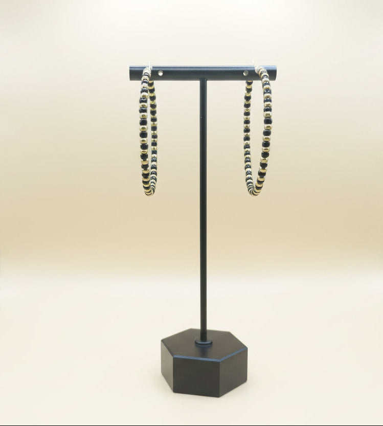 Black & Gold Beaded Hoop Earrings