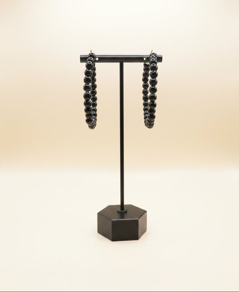 Black Beaded Gold Hoop Earrings