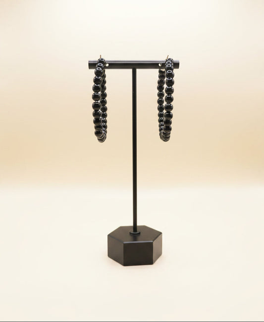 Black Beaded Gold Hoop Earrings