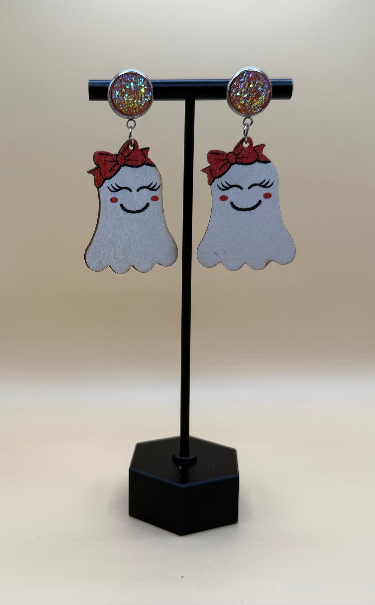 Wood Halloween pumpkin and ghost earrings