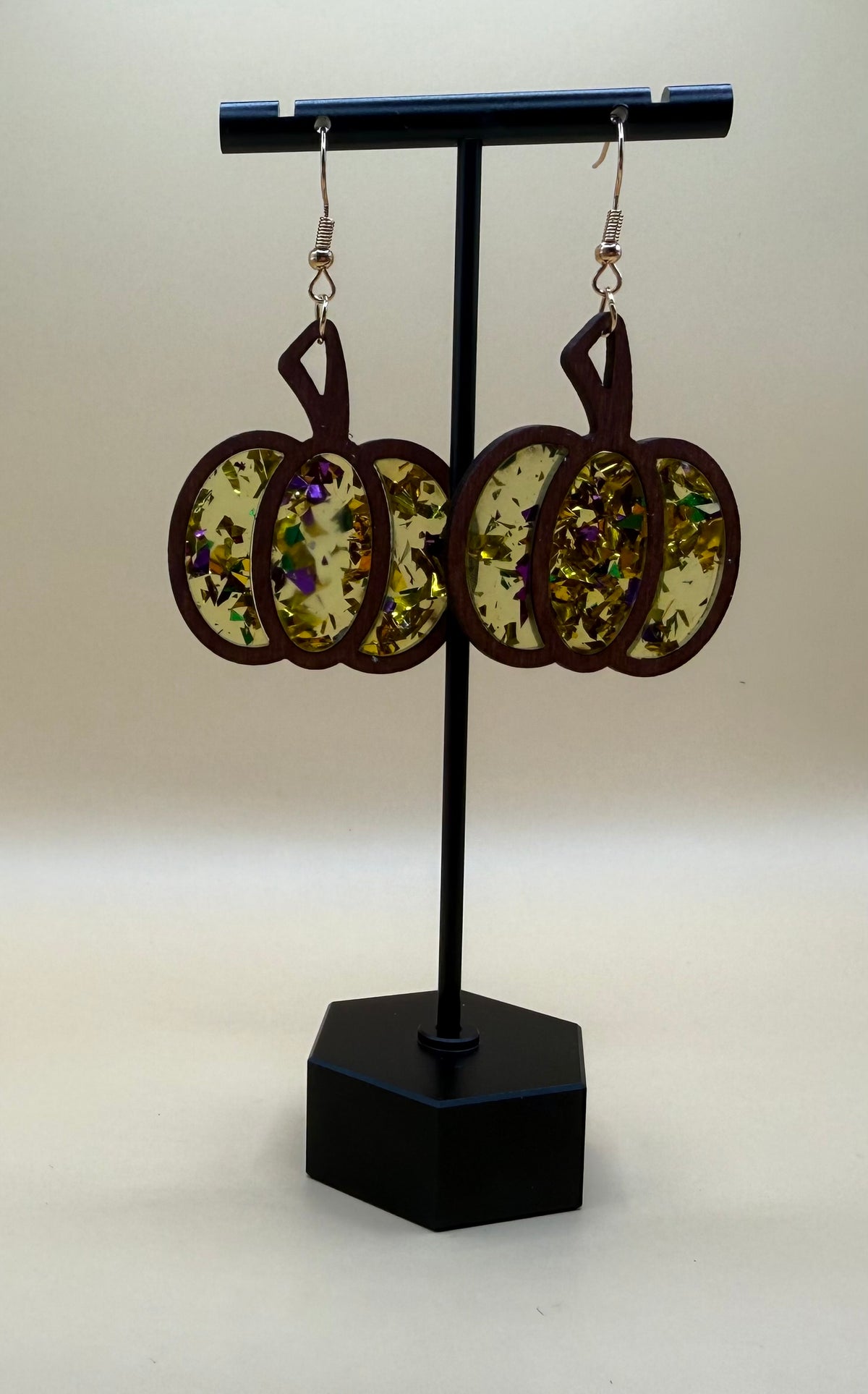 Green acrylic wood pumpkin earrings