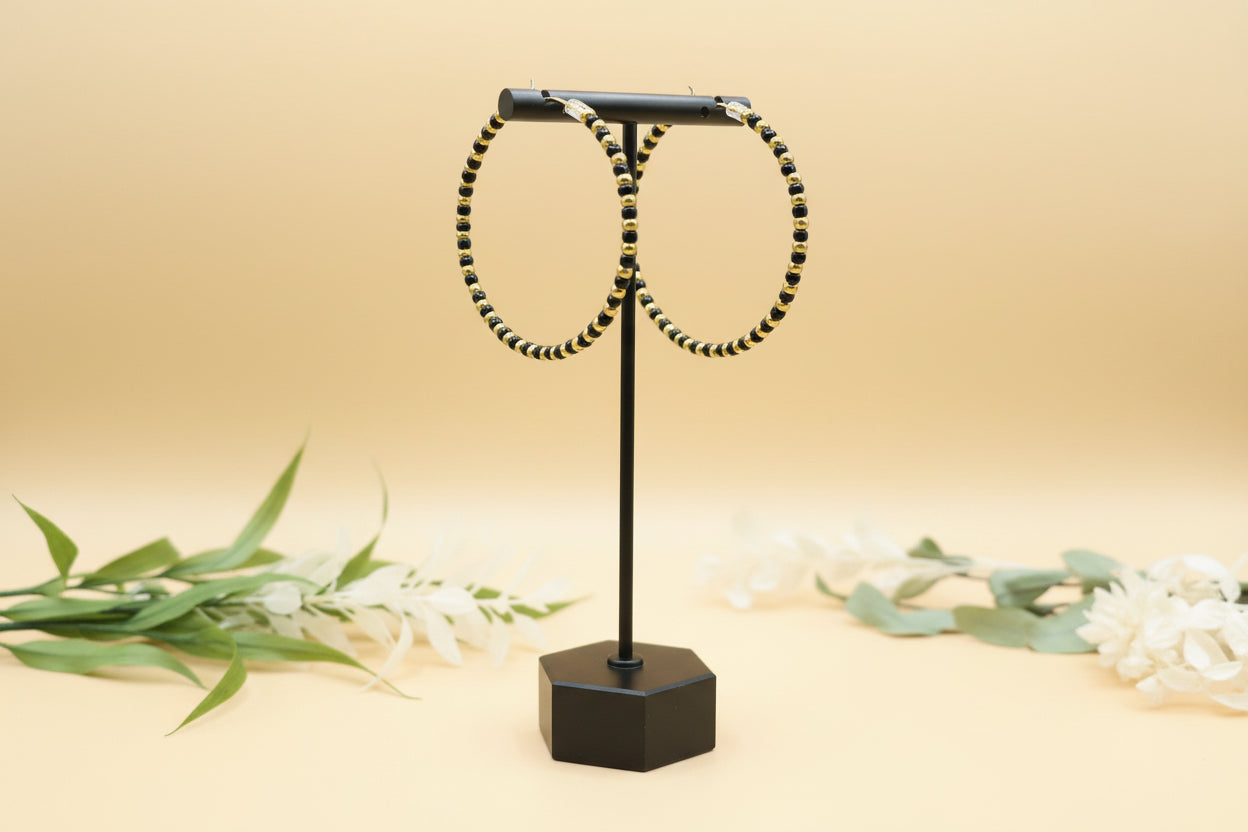 Black & Gold Beaded Hoop Earrings