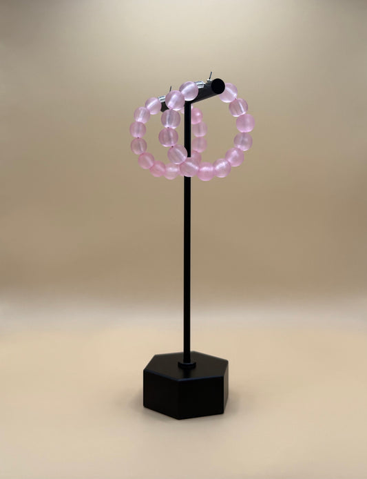 Pink Frosted Bead Closed Hoop Earrings