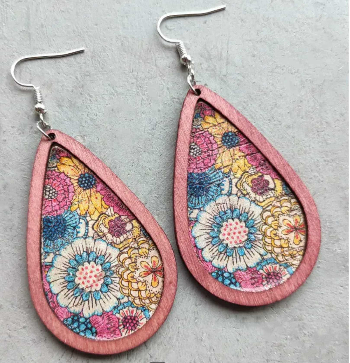 Retro boho vintage red yellow floral teardrop wood cork dangle earrings 8.2cm