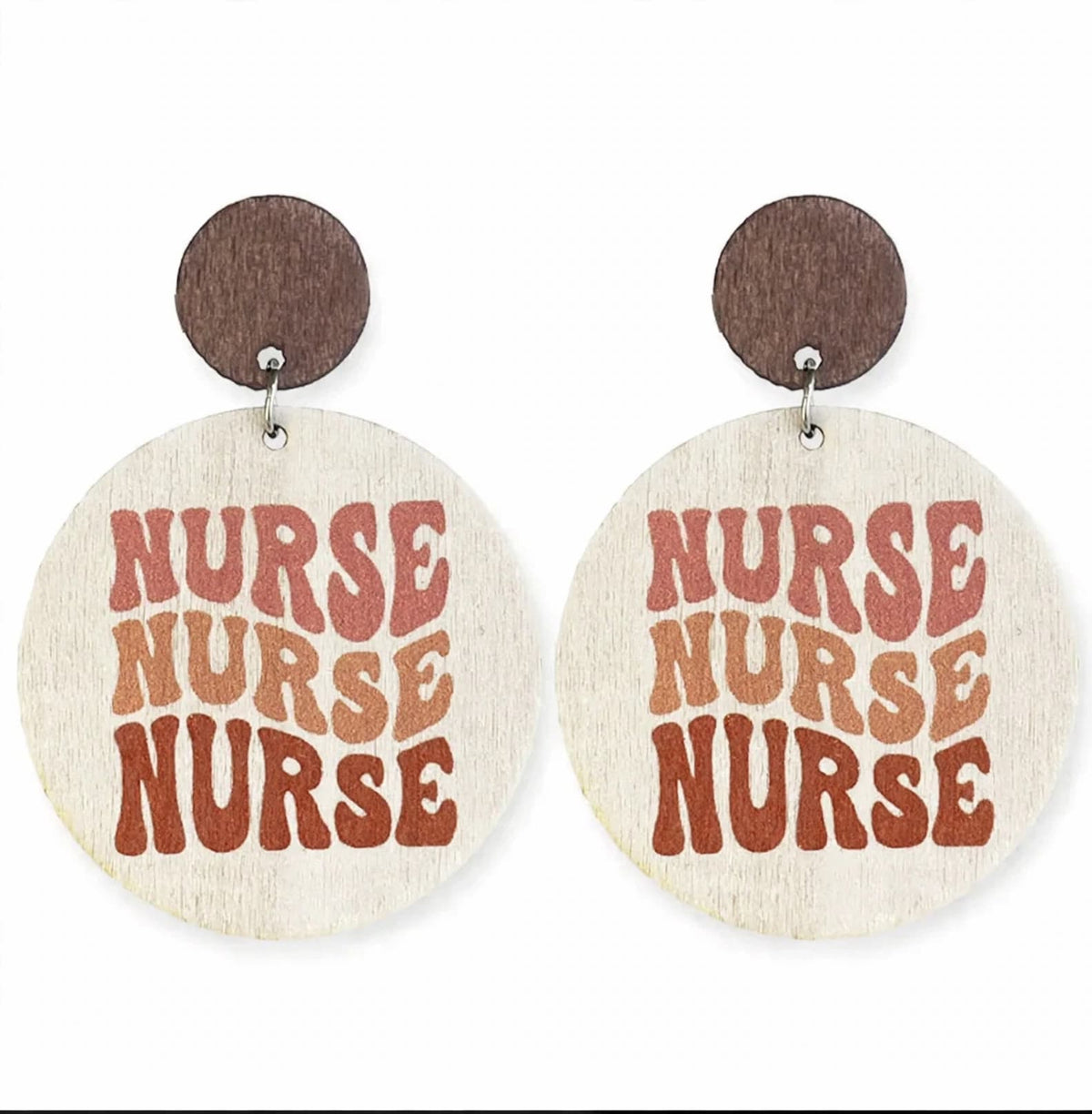 NURSE Wave Lettering acrylic drop earrings with brown tops and rust-colored lettering on off-white round drops